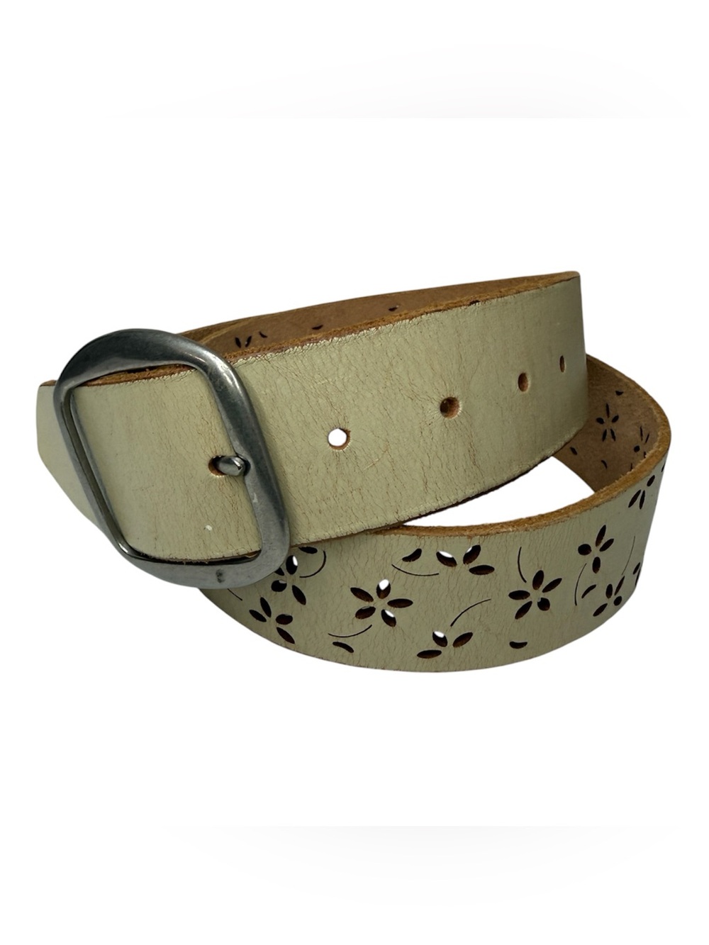 Italian Leather Floral Laser Cut Boho Y2K Belt Solver Tone Buckle 33"-37" Holes